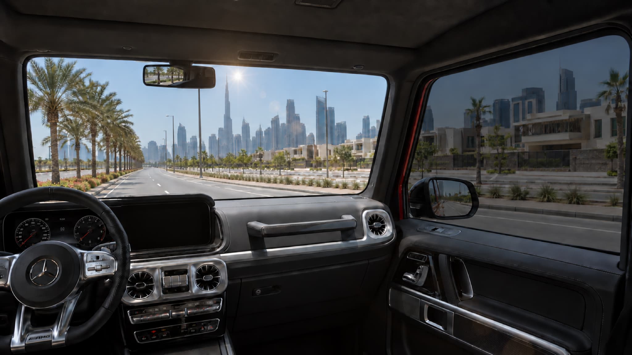 Illustrative view through ceramic tinted glass from inside a Mercedes-AMG G-Class