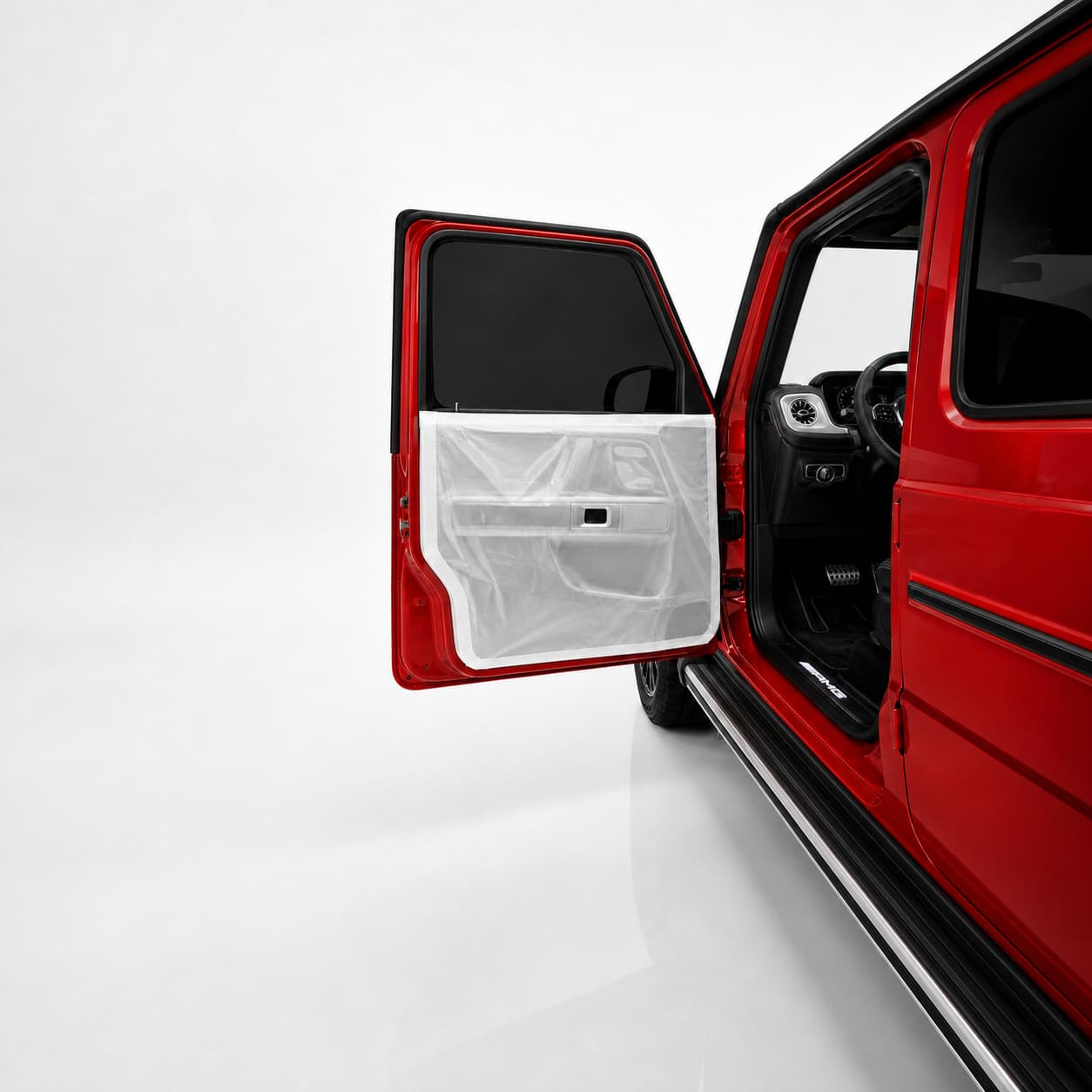 Mercedes-AMG G-Class with door trim protected during glass preparation