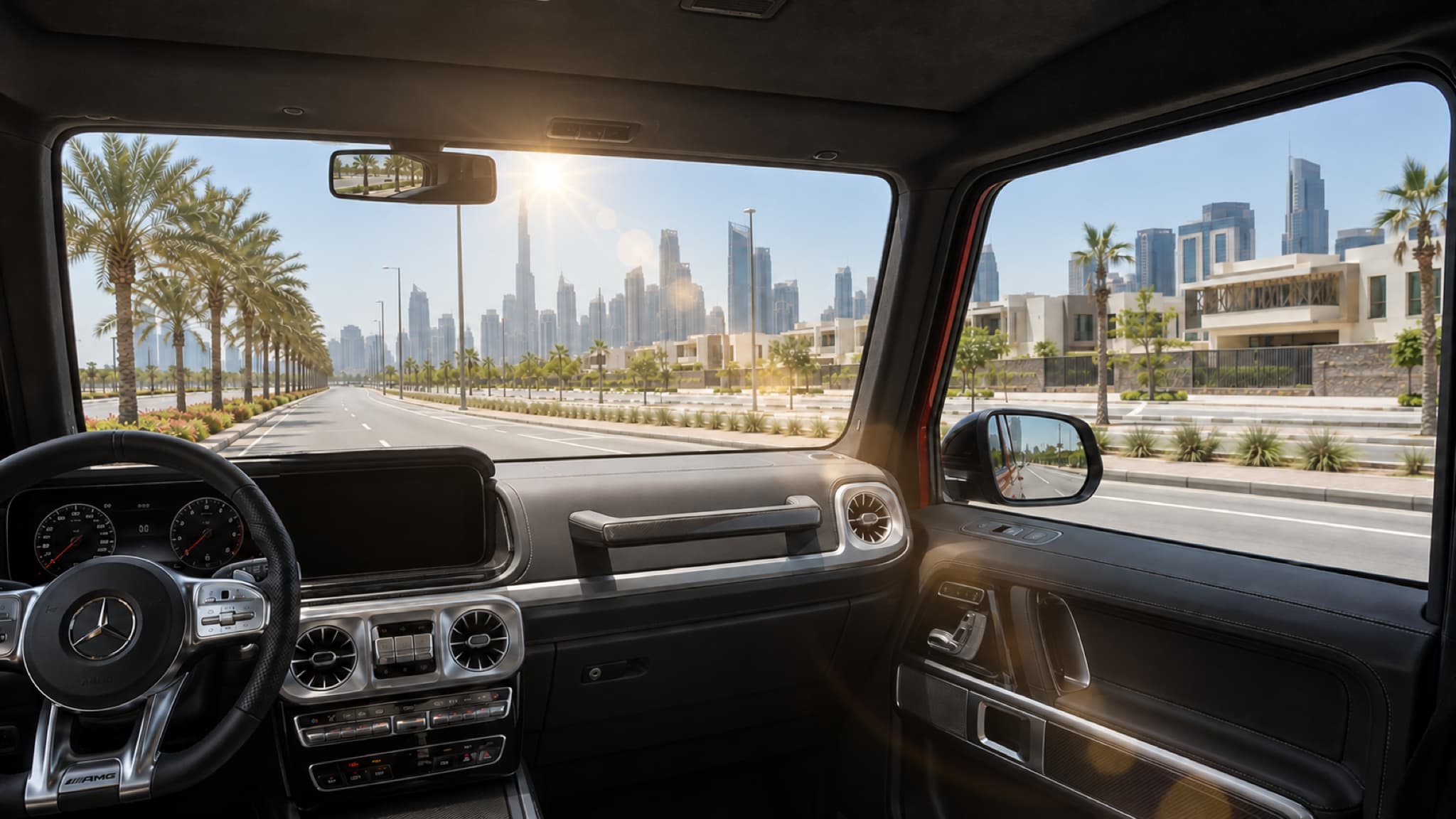 Illustrative view through clear glass from inside a Mercedes-AMG G-Class