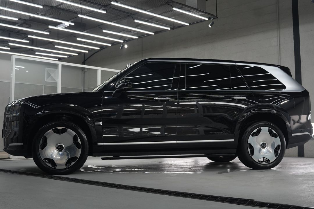 Original photograph: side profile of the black ZEEKR 9X with silver sill trim, window line and wheels.